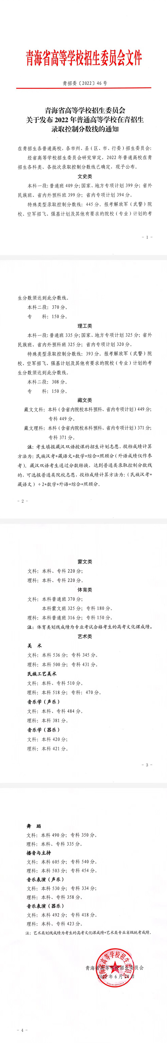 關(guān)于發(fā)布2022年普通高等學(xué)校在青招生錄取控制分?jǐn)?shù)線的通知