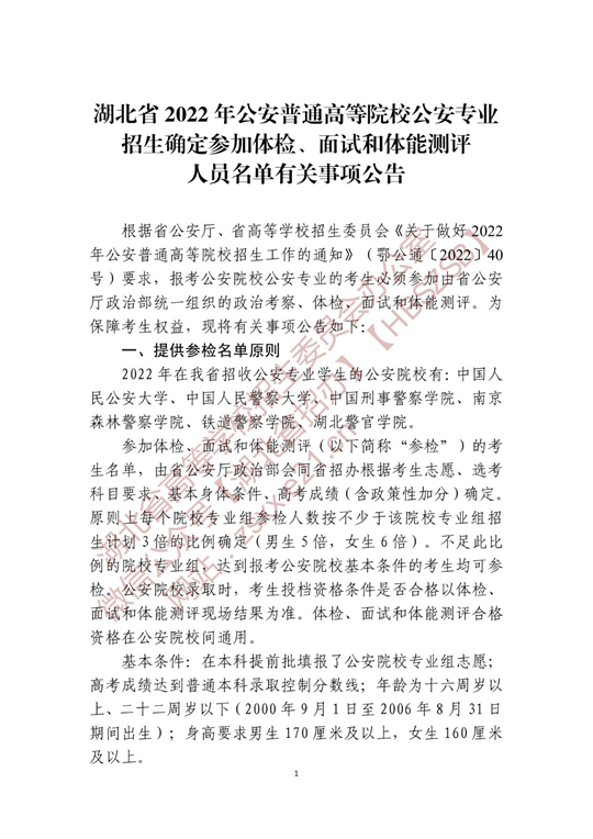 湖北省2022年公安普通高等院校公安專(zhuān)業(yè)招生確定參加體檢、面試和體能測(cè)評(píng) 人員名單有關(guān)事項(xiàng)公告