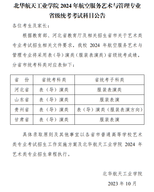 北華航天工業(yè)學(xué)院2024年航空服務(wù)藝術(shù)與管理專業(yè)省級統(tǒng)考考試科目公告