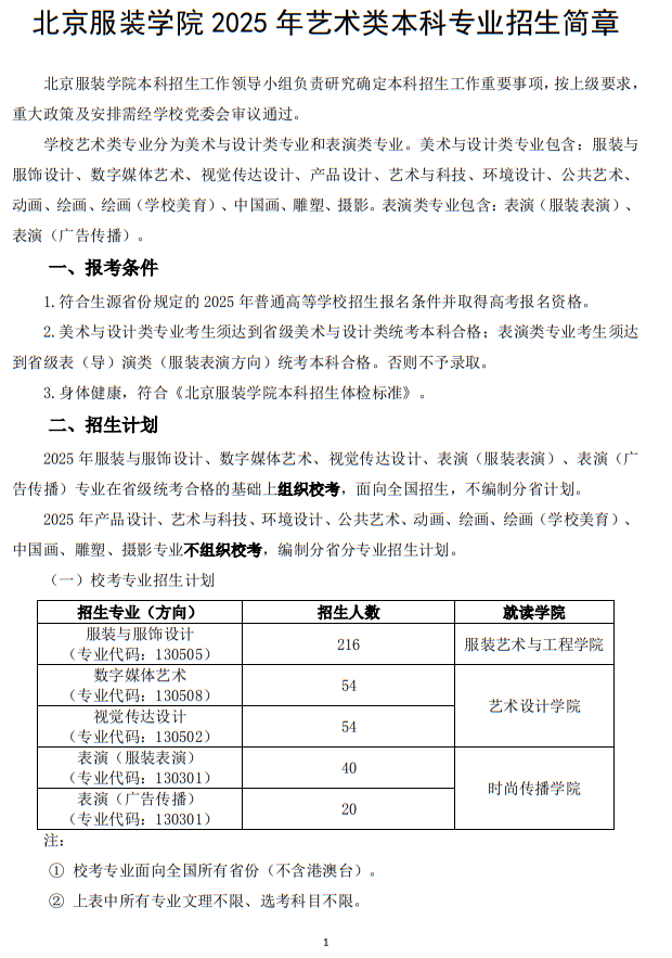 北京服裝學(xué)院2025年藝術(shù)類本科專業(yè)招生簡章
