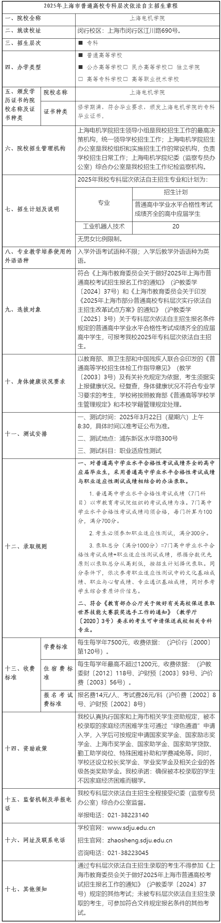 上海電機(jī)學(xué)院2025年專科層次依法自主招生章程