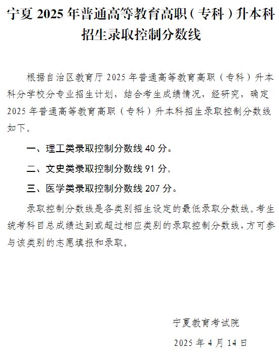 寧夏2025年普通高等教育高職（專科）升本科招生錄取控制分數(shù)線