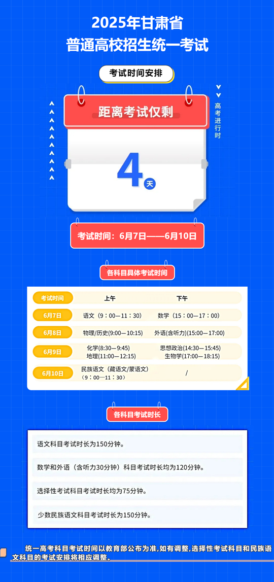2025年甘肅省普通高校招生統(tǒng)一考試︱（一）考試時(shí)間安排