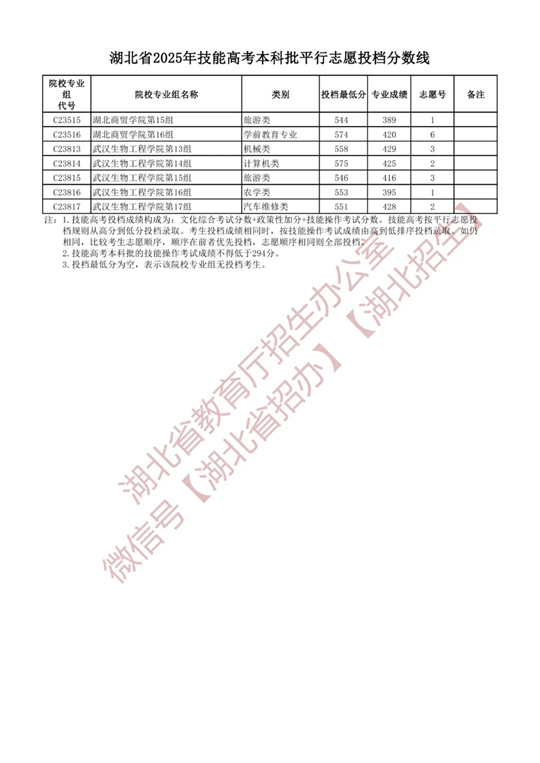 湖北省2025年技能高考本科批平行志愿投檔分?jǐn)?shù)線